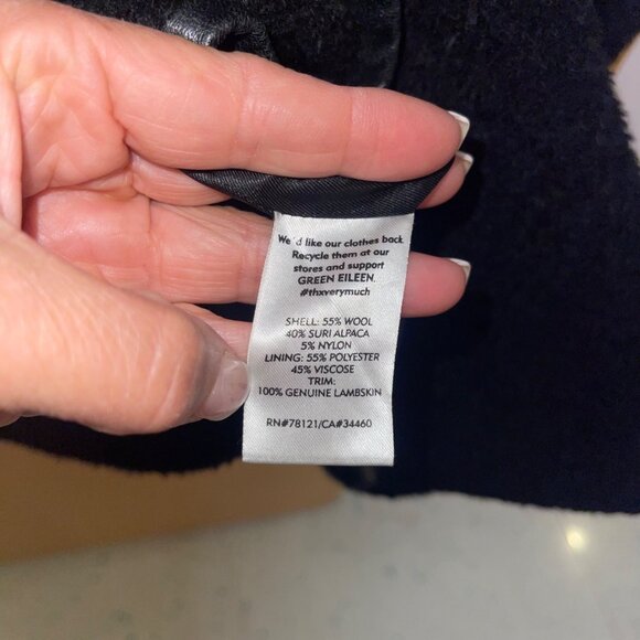 Eileen Fisher Womens Size XL Black Suri Alpaca Coat With Leather Trim Classic - Picture 10 of 14